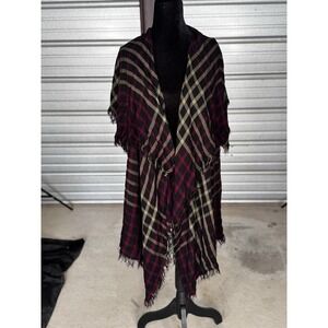 Maurices Plaid Open Front Poncho Vest Burgundy Tan One Size Rayon Fringed Shawl